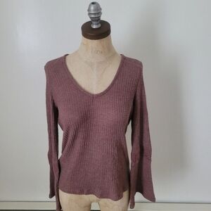 Lucky Brand XS Mauve Embroidered Bell Sleeve Waffle Knit Top Boho Thermal Shirt
